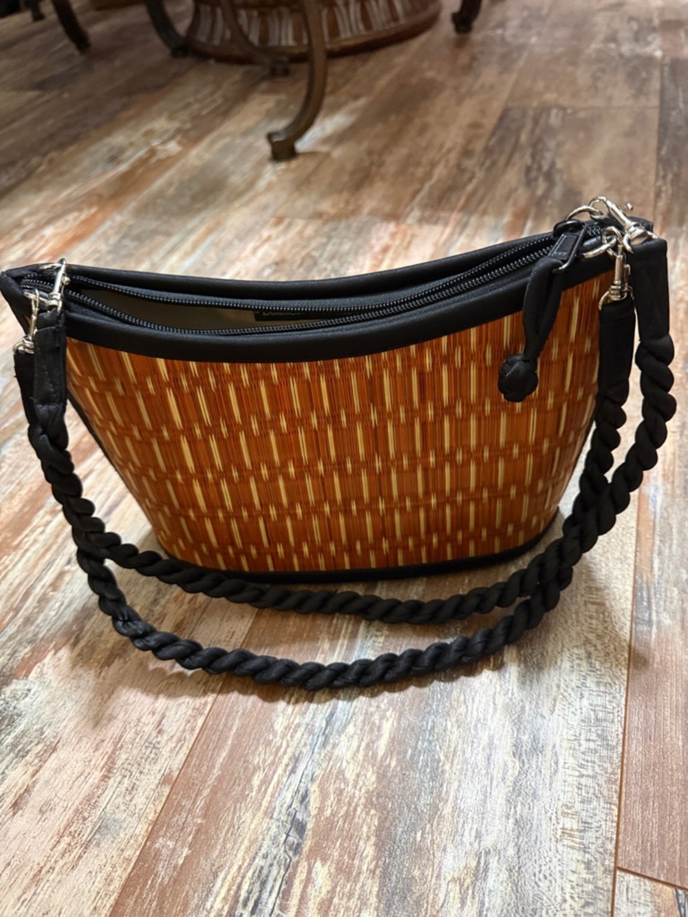 Baskets of Cambodia Woven Orange Shoulder Bag with Black Trim and Braided Strap